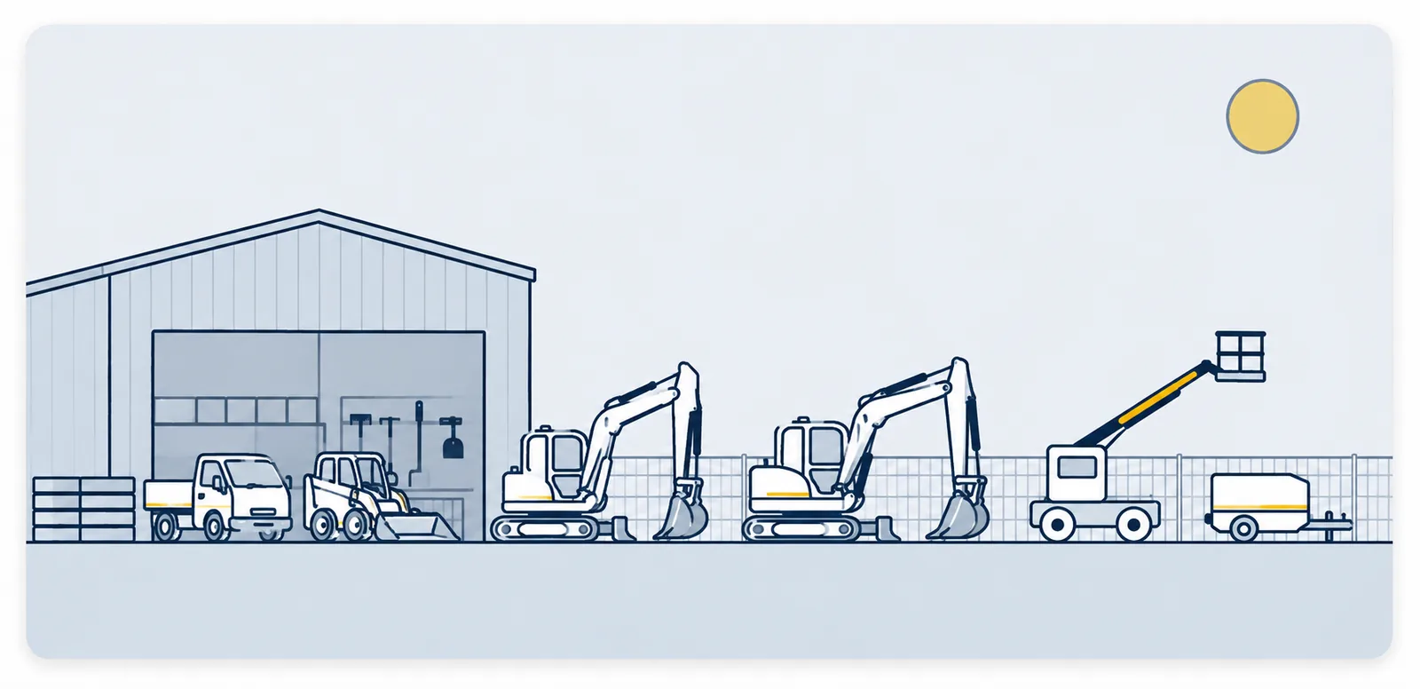 Illustration eines Mietparks: Betriebshalle mit Werkstatt, davor Transporter, Kompaktlader, zwei Minibagger, eine Teleskop-Arbeitsbühne und ein Kompressoranhänger hinter einem Bauzaun