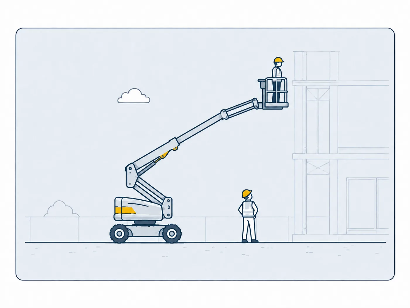 Illustration einer Gelenkteleskop-Arbeitsbühne an einer Gebäudefassade: ein Bediener im Arbeitskorb, ein zweiter Mitarbeiter sichert am Boden